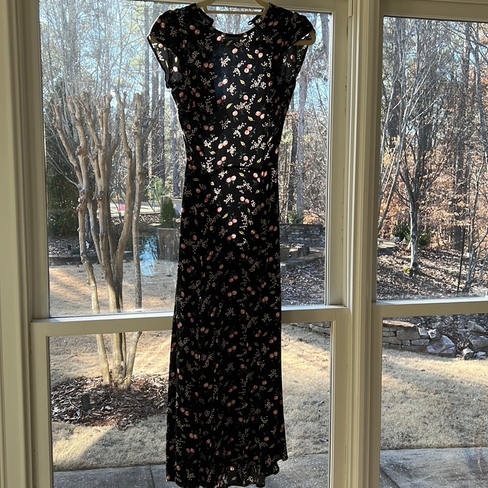 Reformation A-line cutout back dress. Black with pink florals.